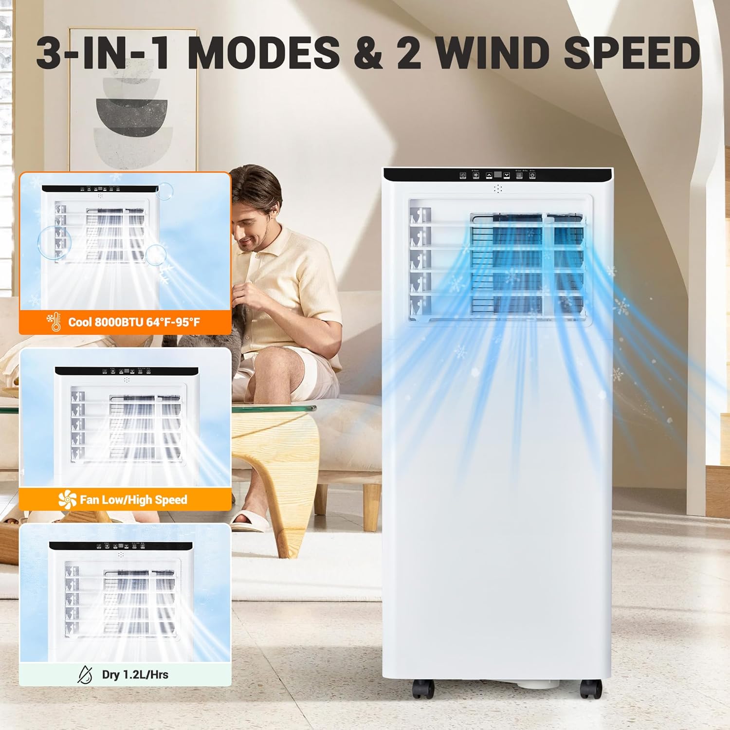 8000 BTU Portable Air Conditioners, 3-In-1 Modes Portable AC Unit with Remote, 2 Wind Speed Digital Display/24Hrs Timer/Installation Kit for Home Office