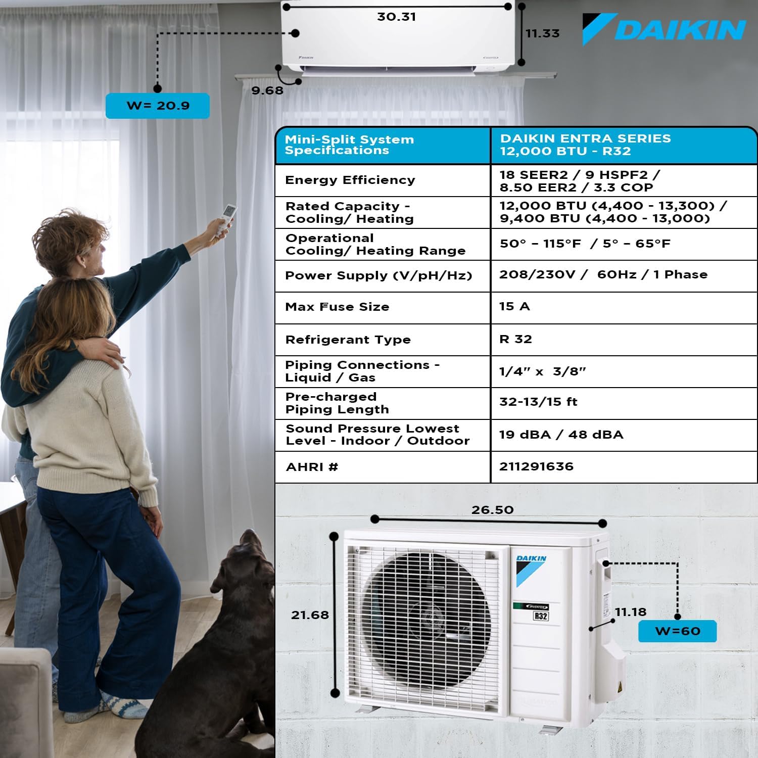 Daikin 12,000 Btu 18 SEER2 Ductless Mini-Split Wall Mount Heat Pump Air Conditioner - R32 w/Installation Kit, 1/2 Whip, 30A Disconnect, and Wall Bracket