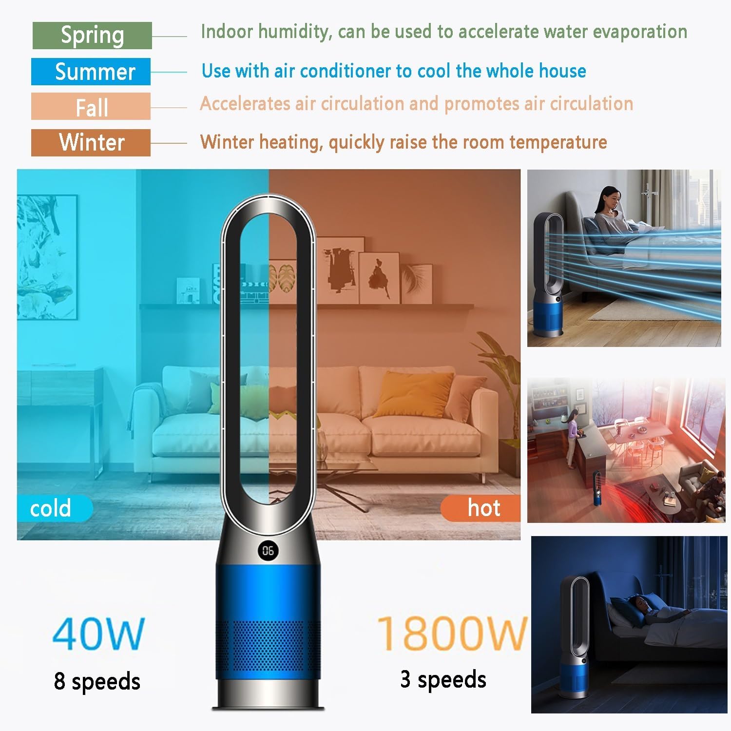Floor Fan Air Circulation Fan Quiet Bladeless Fan Oscillating Tower Fan with Remote, 8 Speeds, 8H Timer, 80° Oscillating Pedestal Fan, Portable Cooling Fan for Bedroom, Home, Office(Blue)