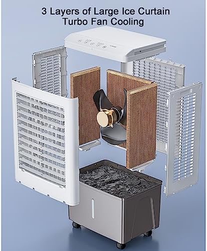 Swamp Cooler Air Conditioners, 110V Large Tank for 3D Cooling, Portable Evaporative Cooler with LED Touch Screen, 3 Fan Speeds, 12H Timer & Remote, air Cooler for Bedroom(18.5x14x32inch)