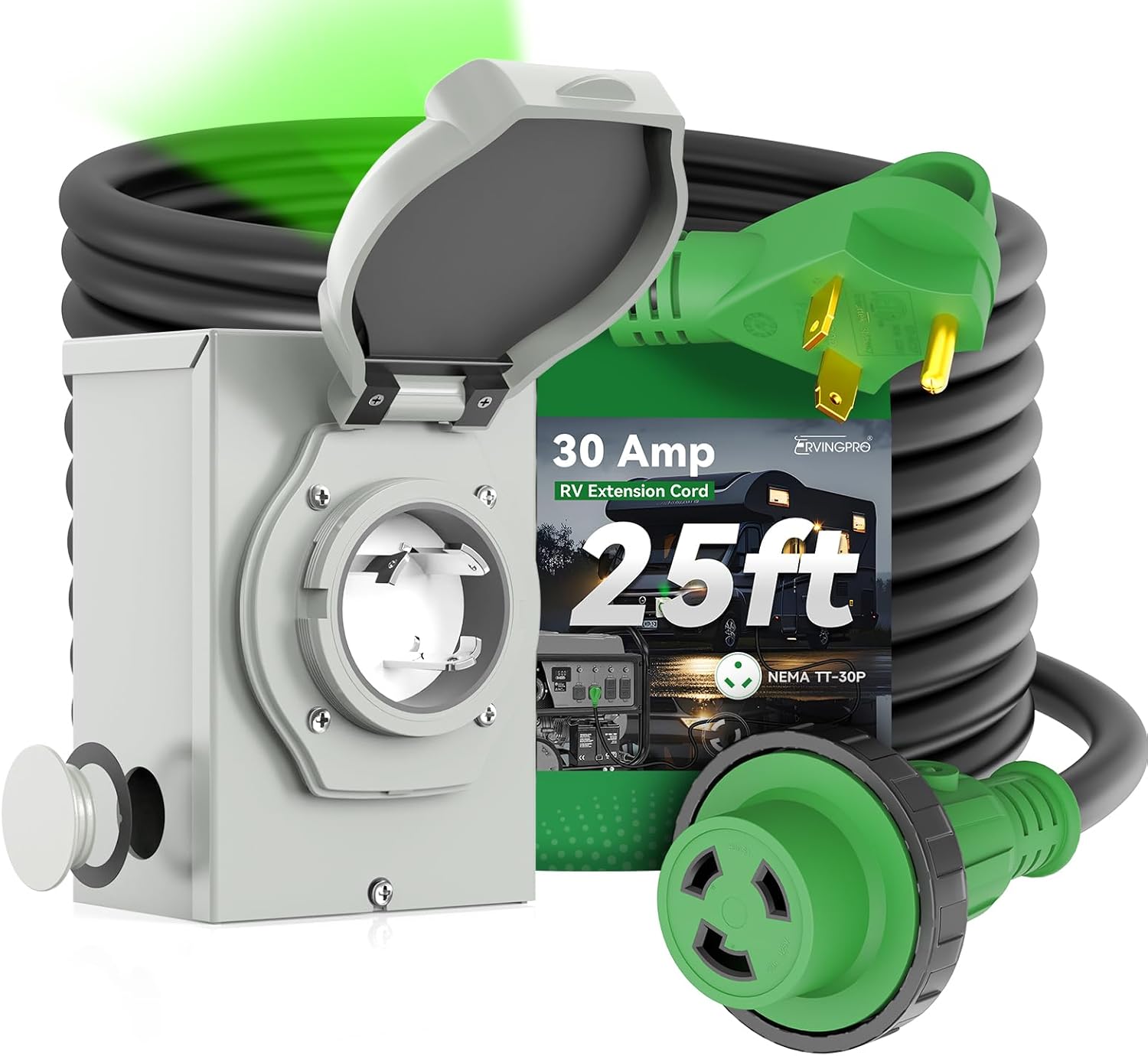 Pre-Drilled 30 Amp Generator Inlet Box and 30 Amp RV Extension Cord 25FT Waterproof Combo Kit, NEMA TT-30P to L5-30R Power Extension Cord with NEMA L5-30P Generator Inlet, ETL Listed