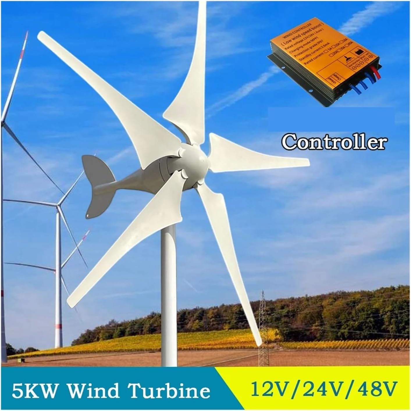 5000W Wind Turbine Generator Wind Power Complete System Kit for Home Appliance Electric Generator Camping Industrial Energy(Hybrid Control,24V)