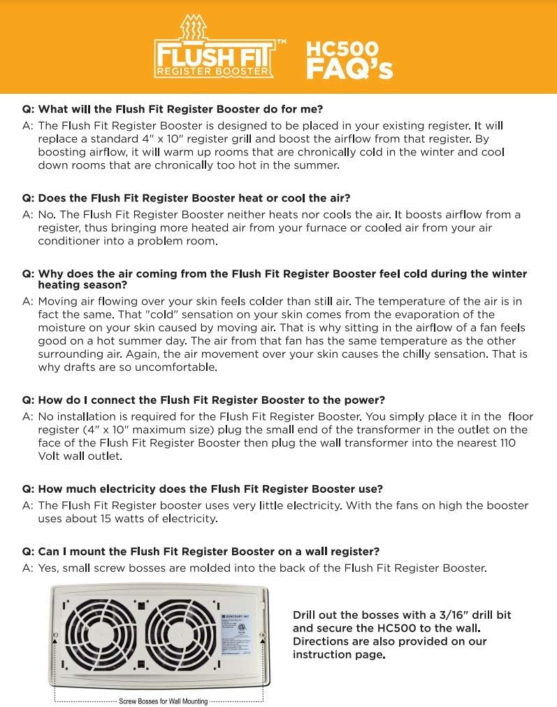 Suncourt Flush Fit Register Air Booster Fan HC500-W- White - (2 Pack)