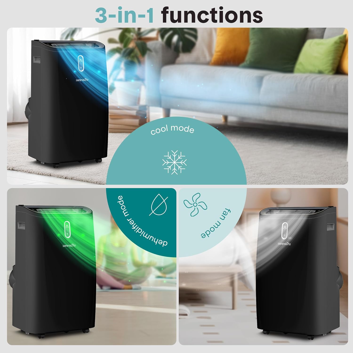 SereneLife Portable Air Conditioner, 12000 BTU Capacity (ASHRAE) Compact Home A/C Cooling Unit with Dehumidifier and Fan Modes, 380 Sq. Ft. Coverage, Includes Window Mount Kit (Black)