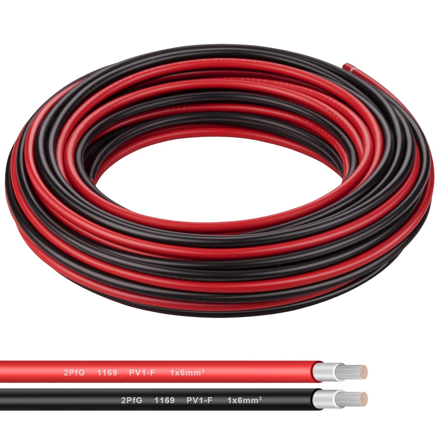 10AWG (6mm²) Tinned Copper PV Extension Cable - Solar Panel Connection Wire for Outdoor RV Marine Automotive Boat (50FT Black + Red Pair)