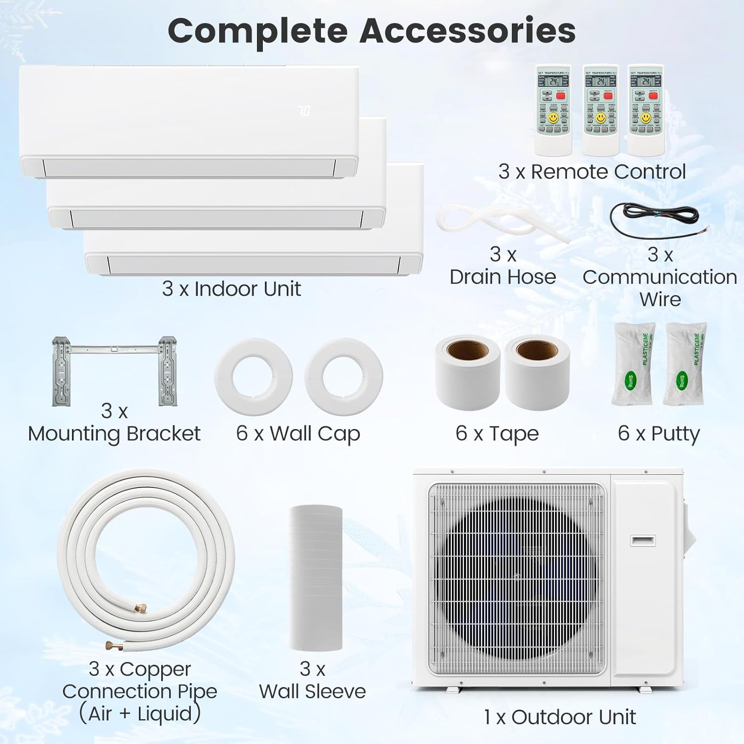 SIMOE Tri 3 Zone 36,000 BTU Mini Split Air Conditioner, Wifi-Enabled 23 SEER2, 9k+12k+12k BTU, Multi Zones Mini Split AC Heat Pump Full Set, 208-230V, Ductless Energy Star, Installation Kit