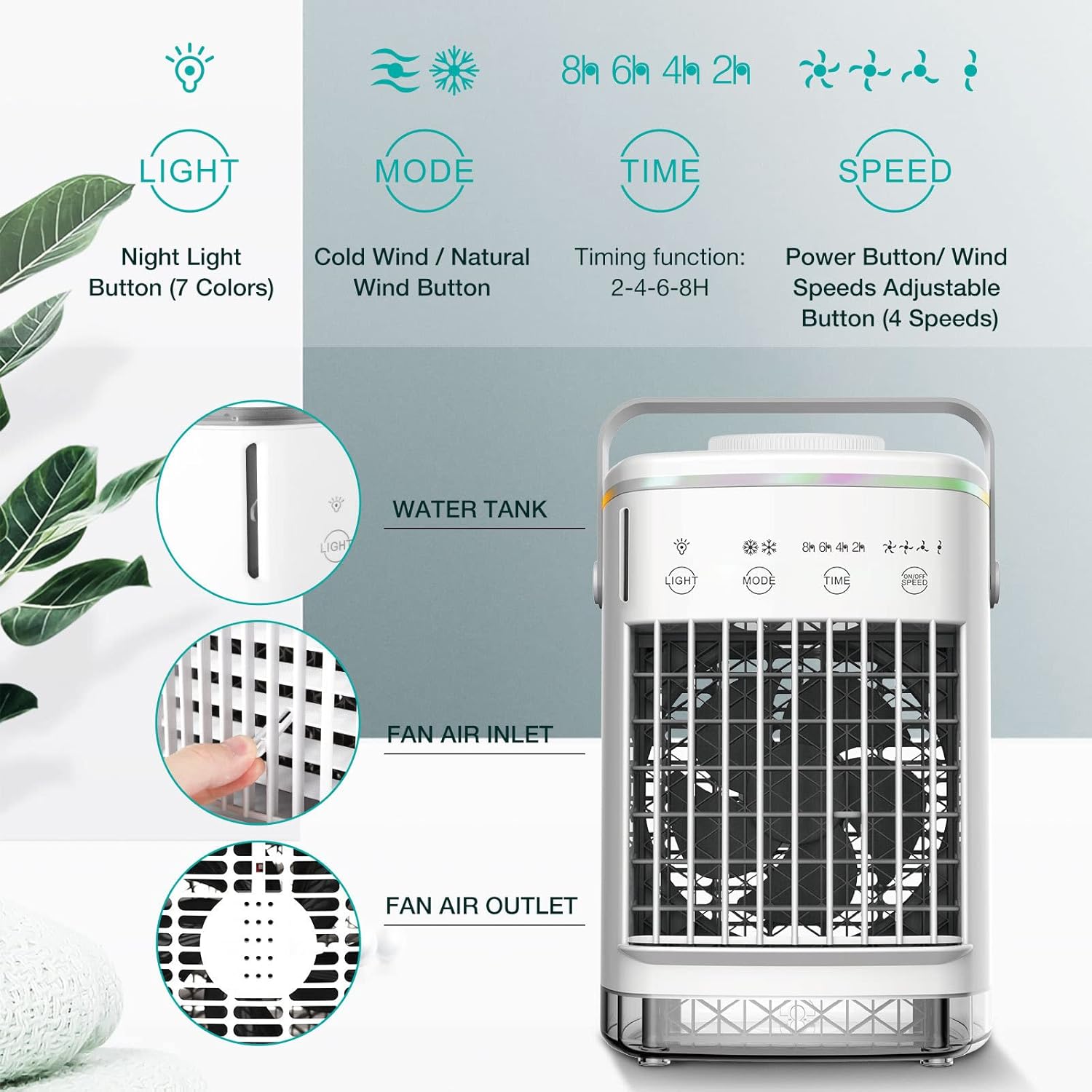 ele ELEOPTION Portable Air Conditioners with 4 Speeds 7 Colors, Mini Ac Unit for Bedroom Air Cooler for Room Car Ac for Outdoor Camping Small Desktop Cooling Fan USB Powered