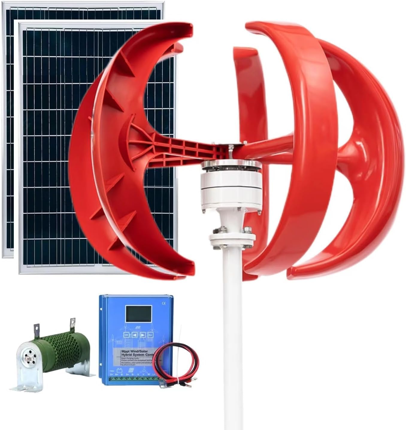 CAJUCA 8000W 5-Blade Lantern Vertical Generator Controller Kit Vertical Axis Wind Turbine Generator + 2 * 100W PV Panel + Wind and Solar Controller
