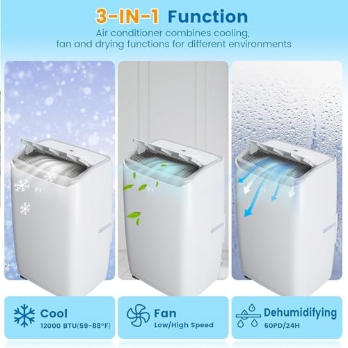 14000Btus Portable Air Conditioner With Cooling, Heating, Dehumidifier,24H Timer Function, Remote Control, Cools Room Up to 750 Sq. Ft, Air Cooling Fan for Home & Office Use, White