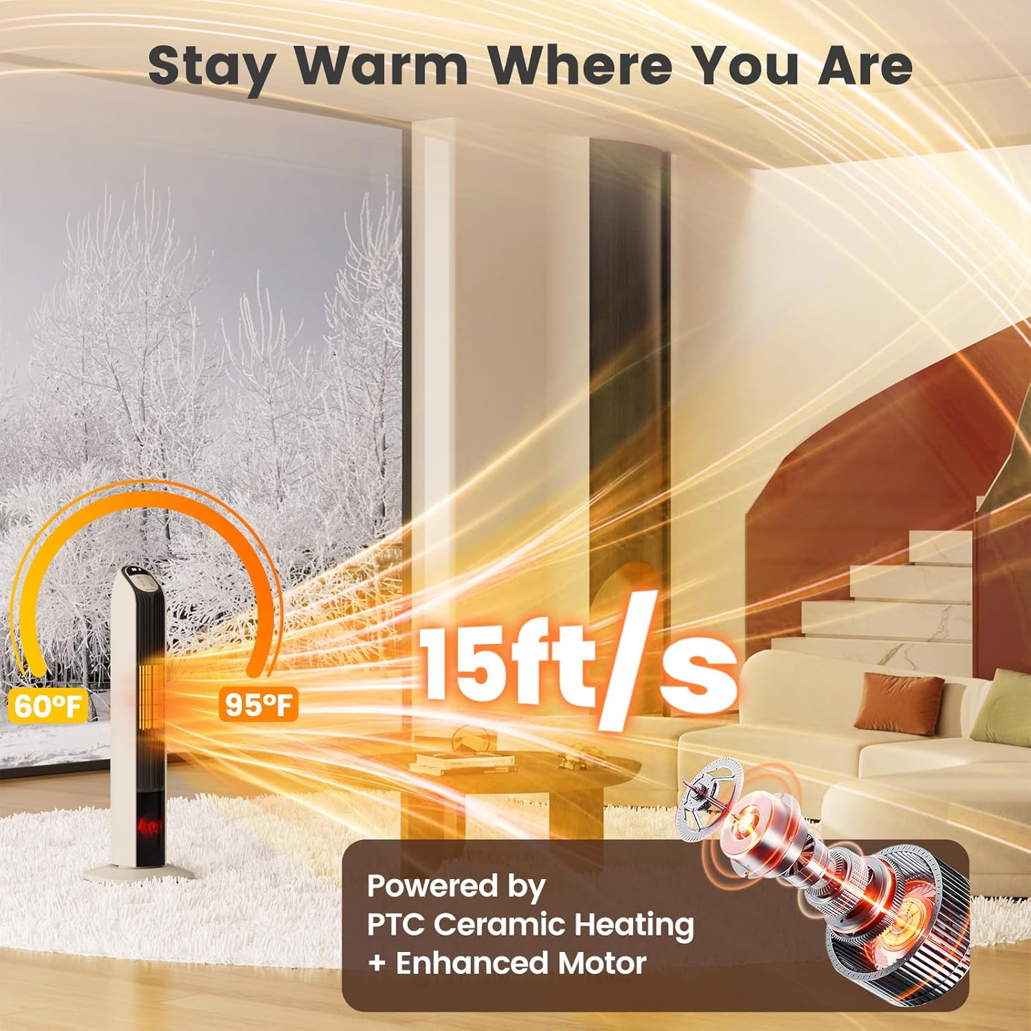 VCJ 33” Space Heater for Indoor Use, 1500W PTC Ceramic Electric Heater with Remote, 12H Timer, 108°Oscillation, LED Display Quiet Portable Heater for Bedroom Office