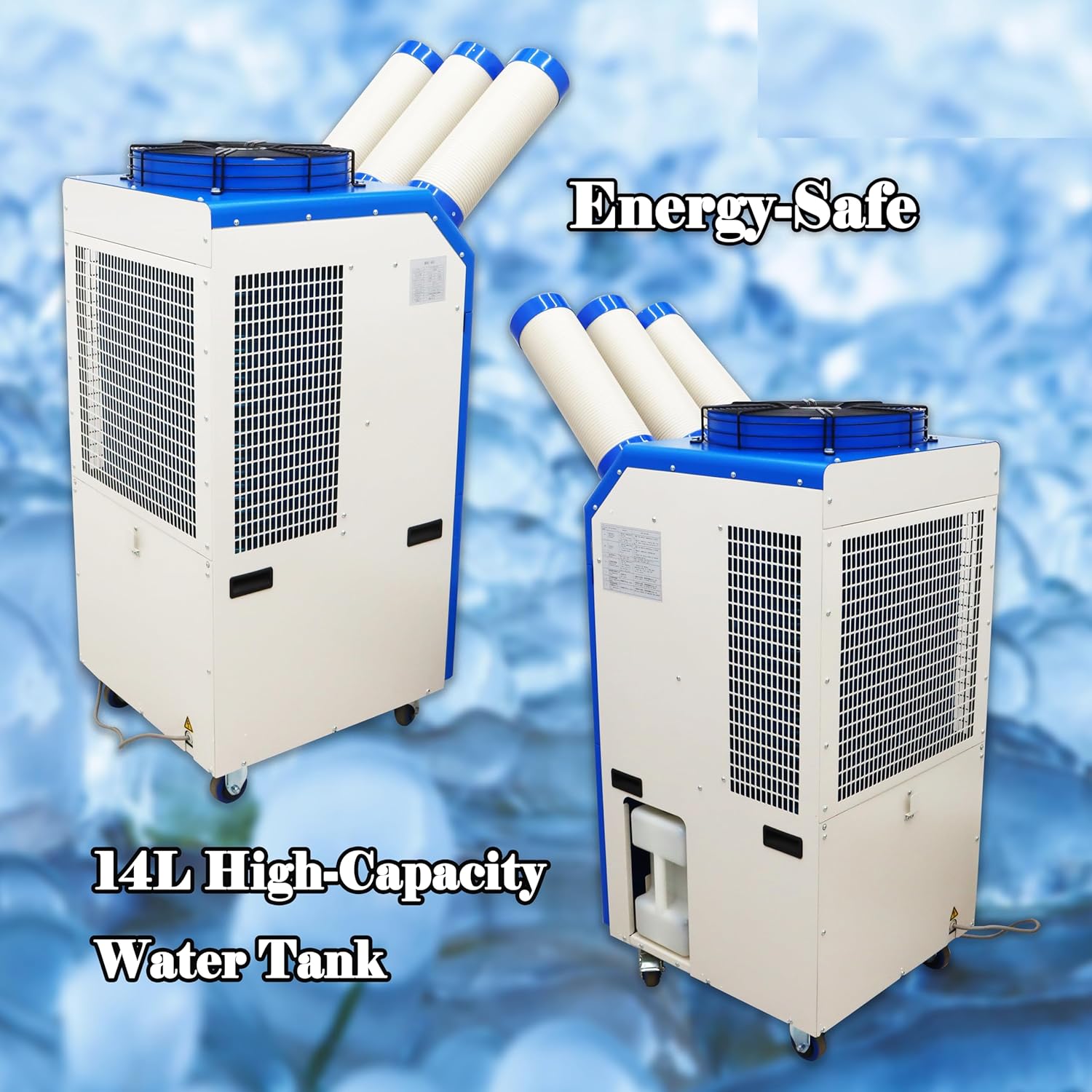220V Industrial Air Conditioner Portable Industrial Cooling Unit 22178 BTU/h Three-Tube 14L Tank for Hospitals Workshops Events 2400W