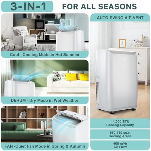 14000 BTU Portable Air Conditioners, Portable AC with 3-in-1 Cooling, Dehumidifying, and Fan Modes, Covers Up to 750 Sq. Ft, Features Quiet Operation, 24-Hour Timer, and Remote Control, White Top