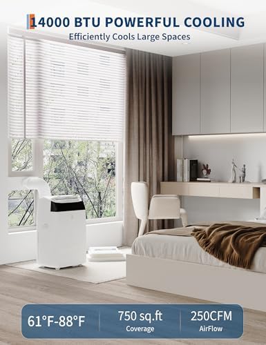 14,000 BTU Portable Air Conditioners - 3 in-1 Standing AC Units Powerful Quiet Smart Air Conditioning Cools Within 750 Sq.Ft with Remote Control Dry/Fan Modes for Indoor Large Room Dorm