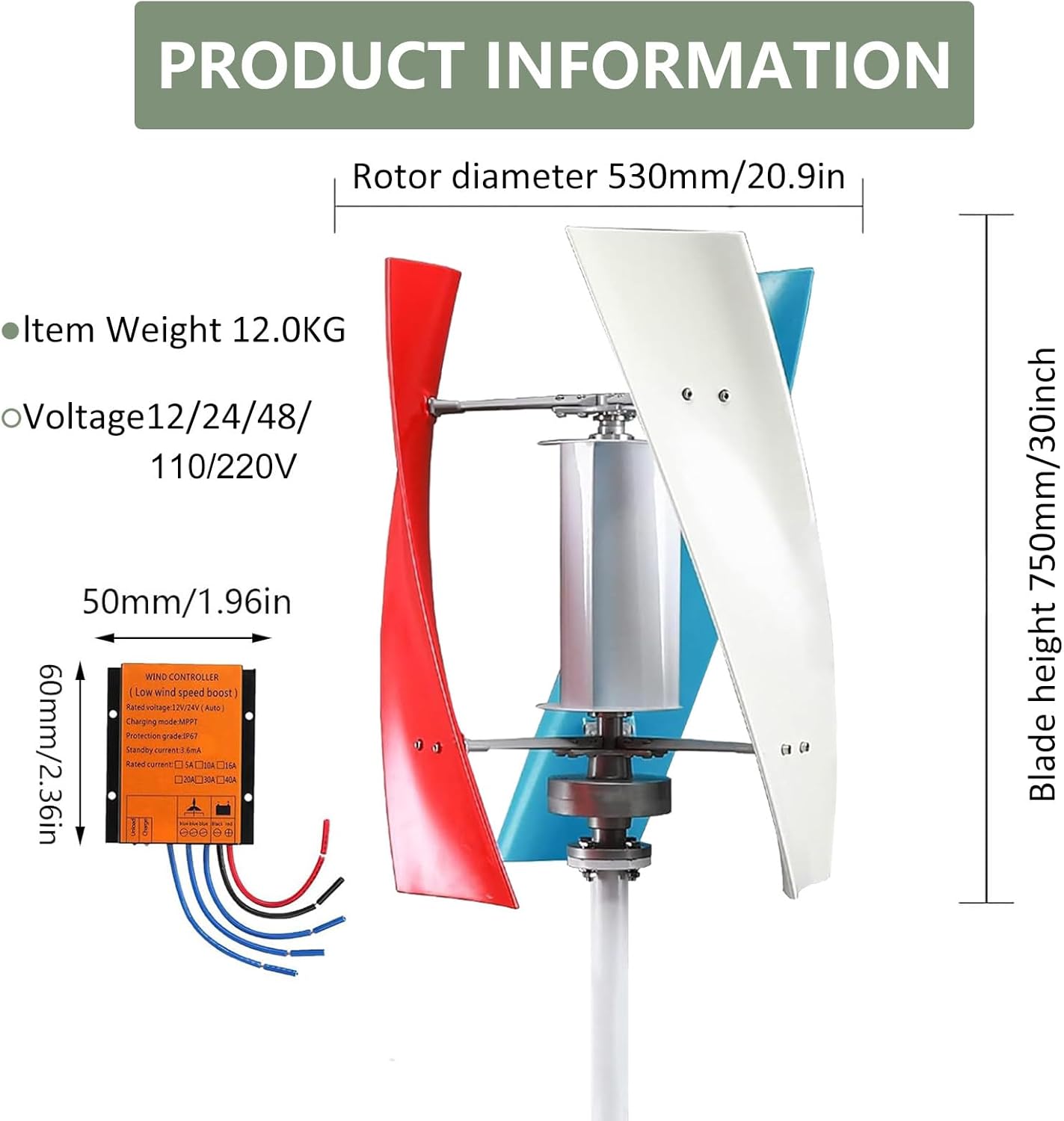 12000W Silent Vertical Wind Turbine Kit - 12V/24V/48V Magnetic Levitation Generator with MPPT Controller for Eco-Friendly Home & Street Lighting Solutions
