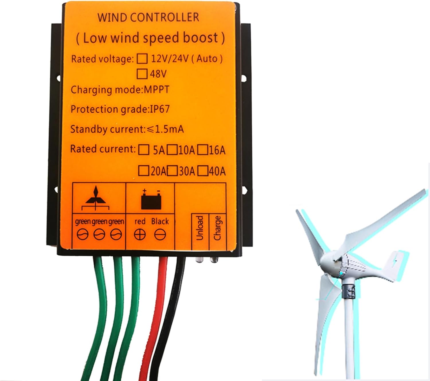 48v,10A-40A MPPT Wind Turbine Charge Controller 100W-10000W 12V 24V Auto Match IP67 Waterproof Universal Generator (Yellow)