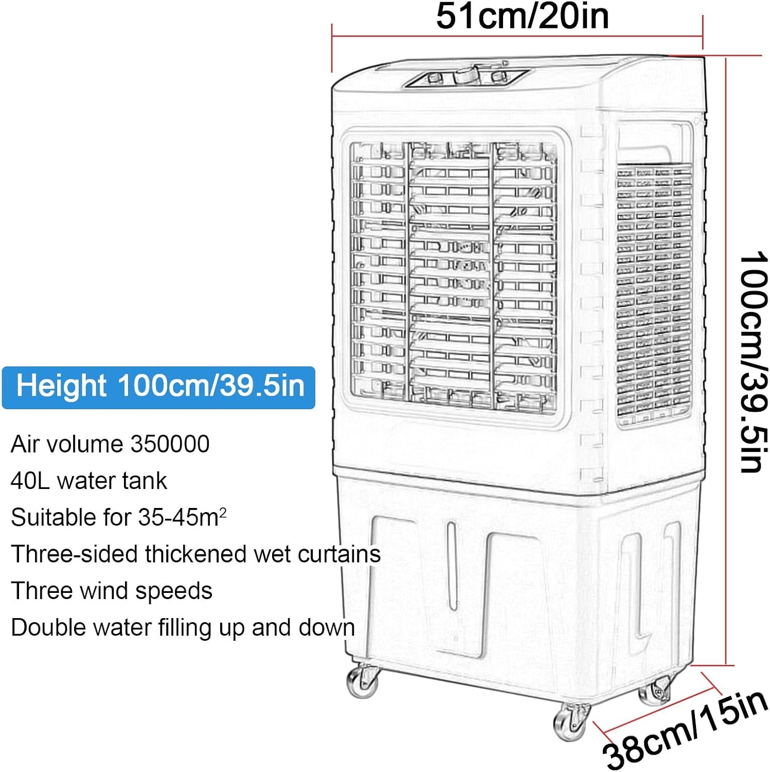 Swamp Cooler Air Conditioner, Evaporative Air Cooler w Large Capacity Water Tank, 4 Ice Box, Portable Air Conditioner with 3 Speeds for Backyard, Garage, Patio, Indoor(51x38x100cm(20x15x39.5in))