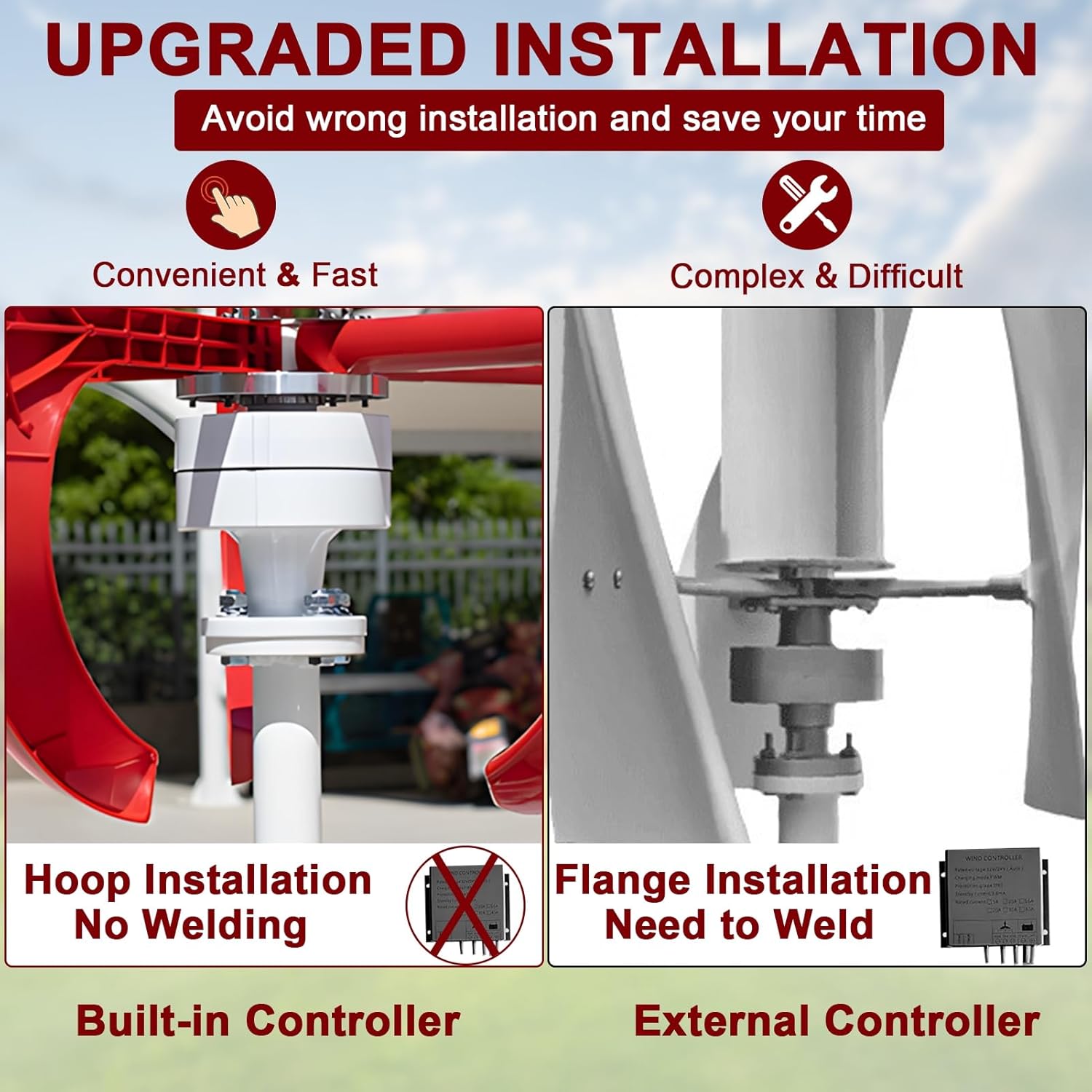 5-Blade Wind Turbines Generator,Lantern Wind Turbines Generator Kit, Electromagnetic Electricity Producer Equipment(1000W 12V/24V) Red