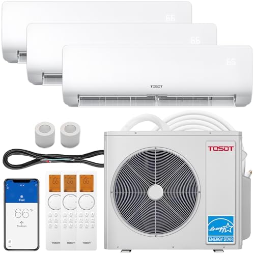 TOSOT 30,000 BTU Tri 3 Zone Mini Split AC with Heat Pump, 21 SEER2, 230V, Wifi-Enabled Ductless Inverter Split System with 16.4 ft Copper Line Set, 9,000 + 9,000 + 12,000 BTU, Cosmo Series