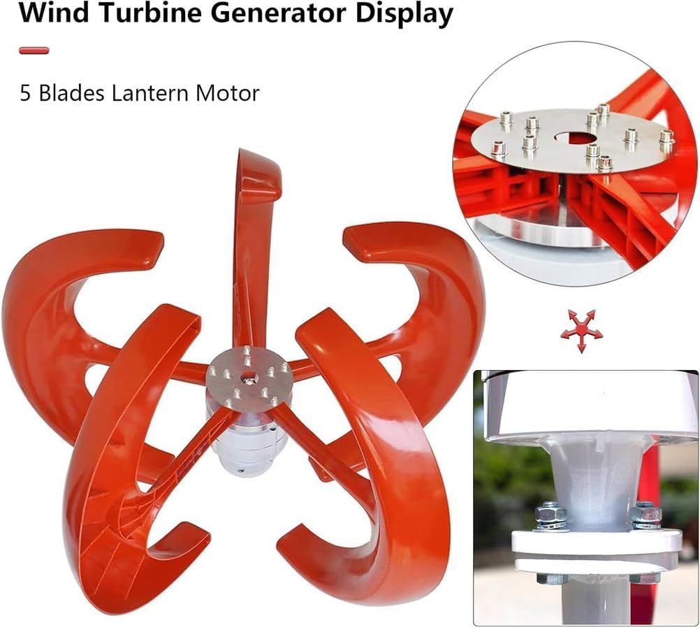 8000W Vertical Wind Turbine Generator with 5 Blades, Red Wind Motor for Garden & Boat Controller Power Producer Equipment