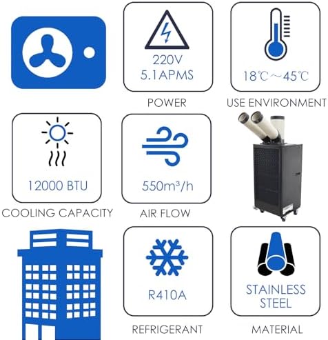 12,000 BTU Mobile Spot Cooler Double Columns Industrial Air Conditioners 550m³/h Portable Cooling Aircon for Outdoor/Indoor 220V 1100W