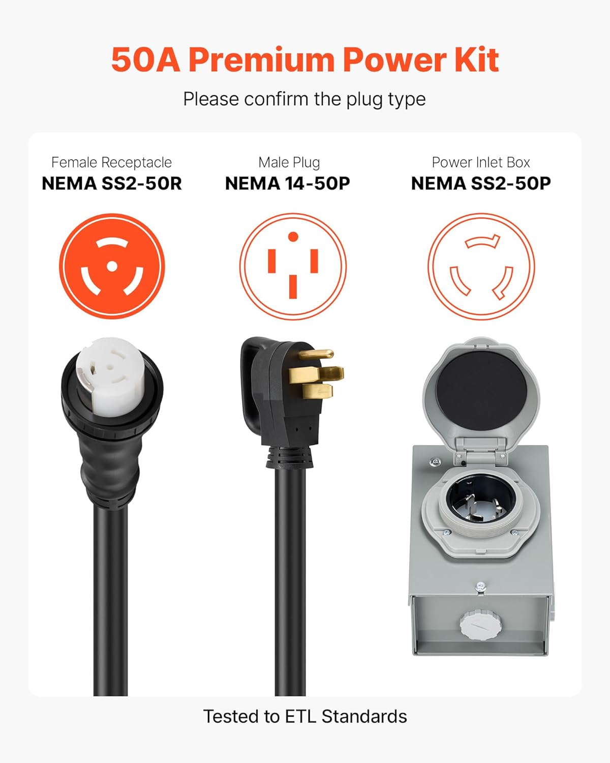 VEVOR 50 Amp Generator Cord and Power Inlet Box, 10FT, 125V/250V STW 6/3 + 8/1 AWG Extension Power Cord, NEMA 14-50P to SS2-50R, Twist Lock Connector, Inlet Box Kit, for Generator to House, ETL Listed