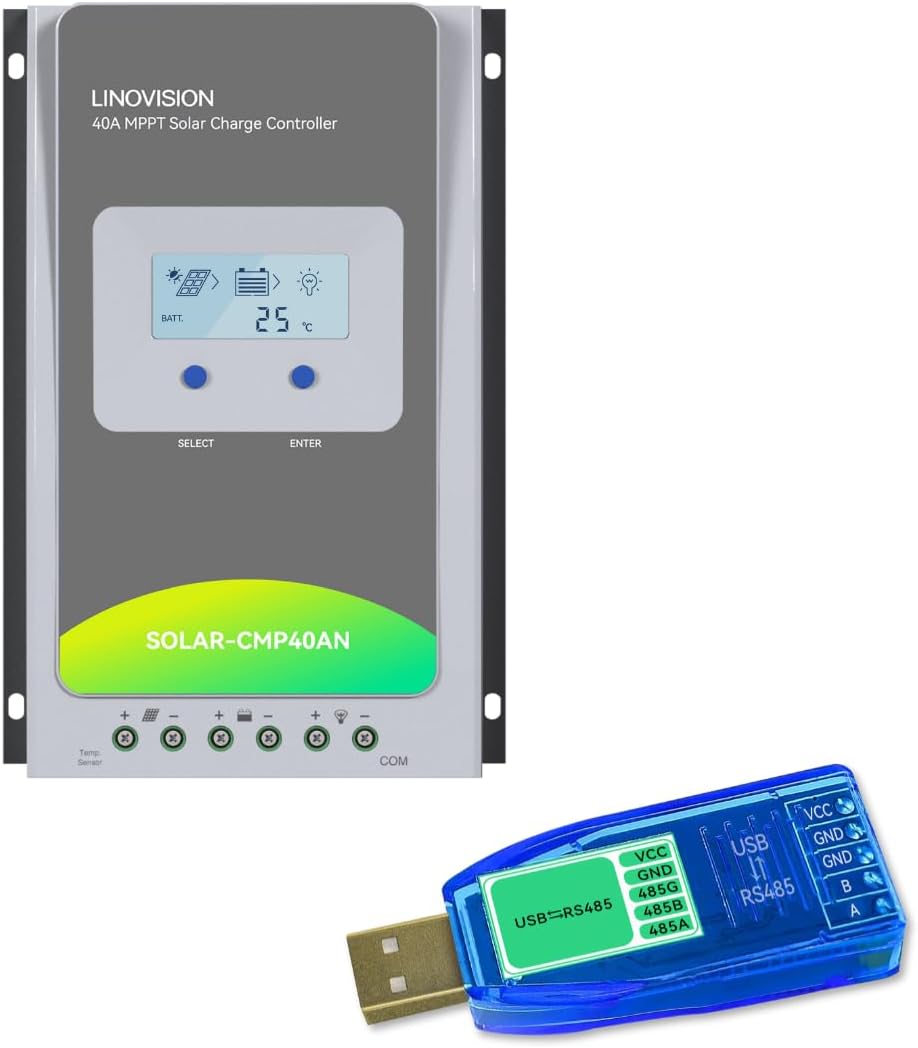 LINOVISION 12V/24V 40A MPPT Solar Charge Controller with Industrial USB to RS485 Converter