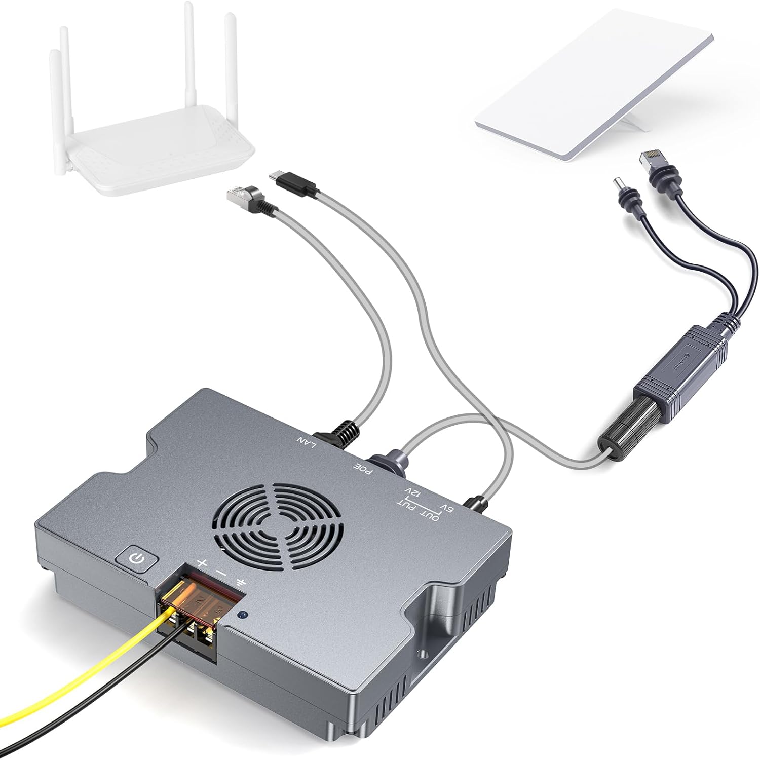 QUIDDITY Starlink Mini Poe Kit: 350W GigE & ESD Protection Starlink 12V Mini Adapter Splitter, 9-36V DC Input, 52V/6A DC for Star Link Mini/Gen 3 Dishy with Cooling Fan Starlink Internet Kit