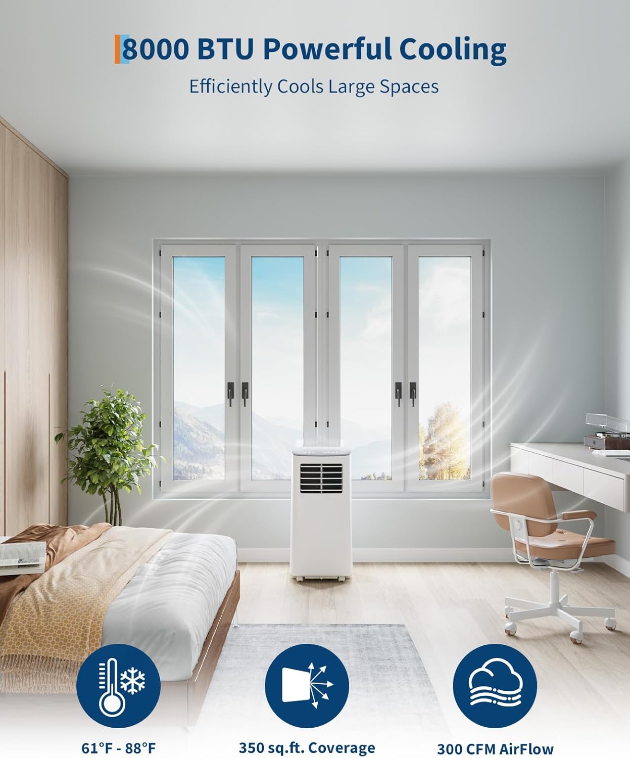 Compact 8000 BTU Portable Air Conditioner, 3-In-1 Unit With Fan and Dehumidifier, Perfect for Spaces Up to 350 Sq. Ft, Features 24-Hour Timer, Low Maintenance, White + Grey Top