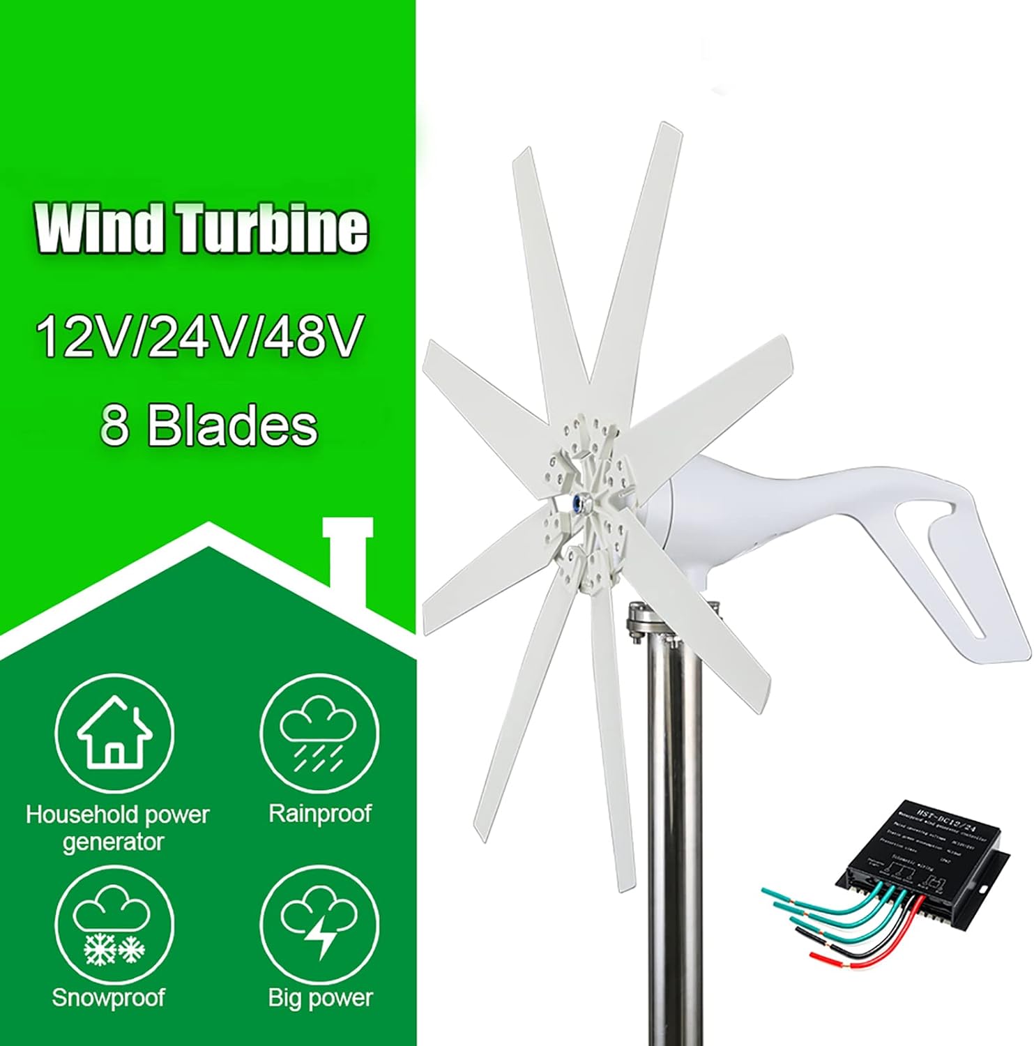 12v, 8000W Low Noise Horizontal Wind Turbine Generator, 12V-220V Low RPM High Efficient Home Use Project Farm Boat Wind Turbine Generator with Controller (White)