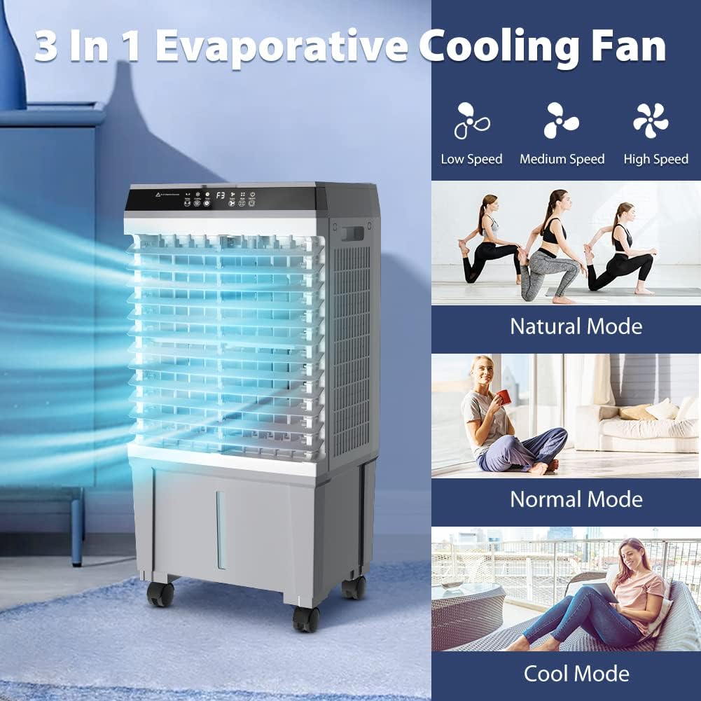 LifePlus Evaporative Air Cooler, 1800CFM Windowless Air Conditioner Portable for Large Room Commercial Garage Outdoor, 3 In 1 Swamp Cooler with Remote Control, 4 Ice Packs, 12H Timer, 5.3 Gallon