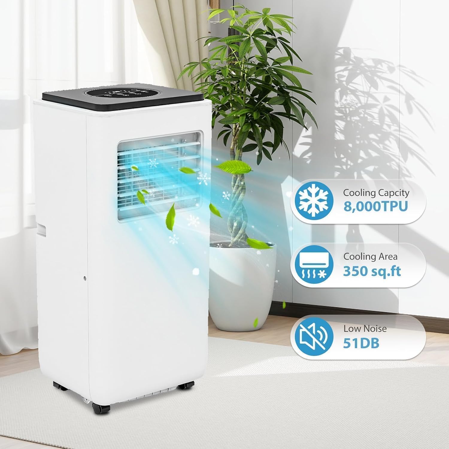 8000 BTU Portable Air Conditioner for Room up to 350 Sq.Ft 3-in-1 AC Unit with Cooling Dehumidifier & Fan Modes Ultra-Quiet 24H Timer Remote Control LED Display Easy Install with Window Kit for Bedroo