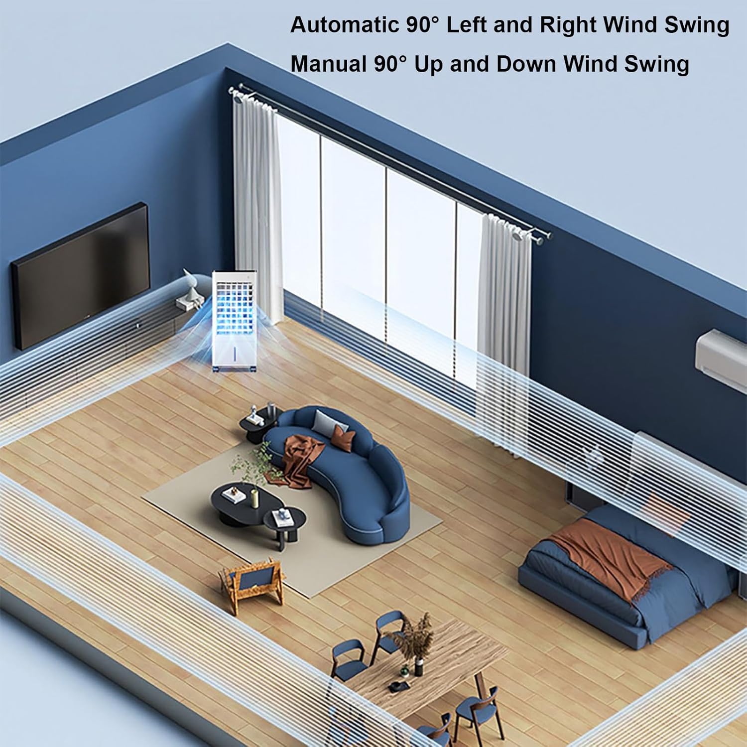 Swamp Cooler Air Conditioner Portable, 3-in-1 Evaporative Air Cooler, 3 Speeds 3 Modes, 90° Oscillation, 15h Timer, 2.4 Gal, 2 Ice Packs, Remote & Touch Control, Evaporative Cooling Fan