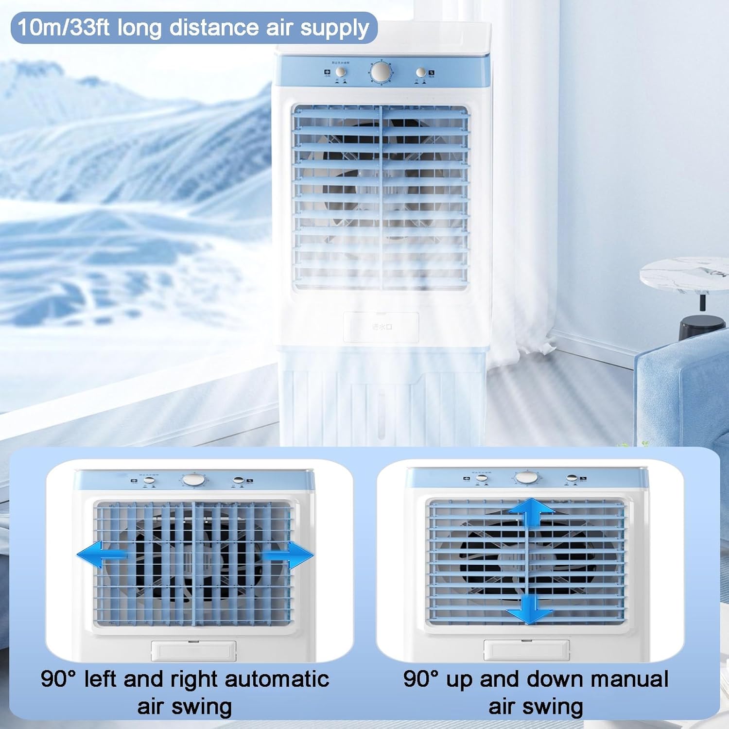 Portable Evaporative Air Cooler, Swamp Cooler, Portable Air Conditioner with 10 Gallon, Knob Control, Low Noise, 4 Ice Packs & 3 Speeds