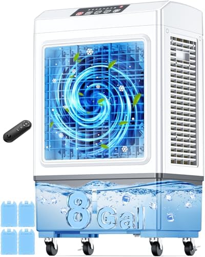 FANCOLE Windowless Air Conditioner, 2100CFM Evaporative Air Cooler with 4 Ice Packs, 700 Sq.ft Swamp Cooler Air Conditioner No Windows Needed w/3Mode & 3Speed, 7H Timer & Remote for Room Garage Patio