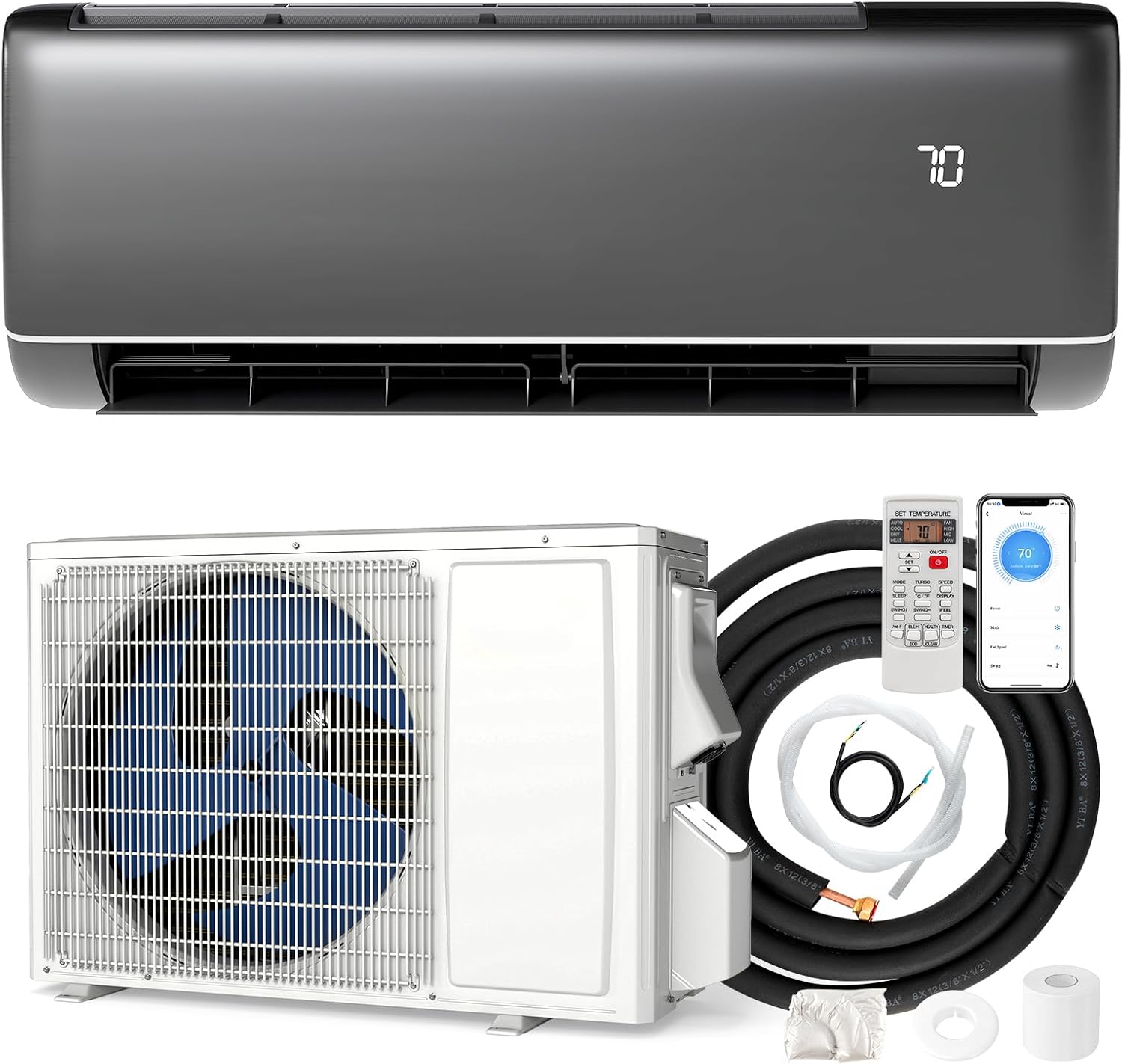 DORTALA 12000 BTU Mini Split Air Conditioner & Heater, 22 SEER2 115V Pre-Charged Inverter Heat Pump System with Remote Control, Installation Kit, Wall Mounted Ductless AC Unit, Dark Grey