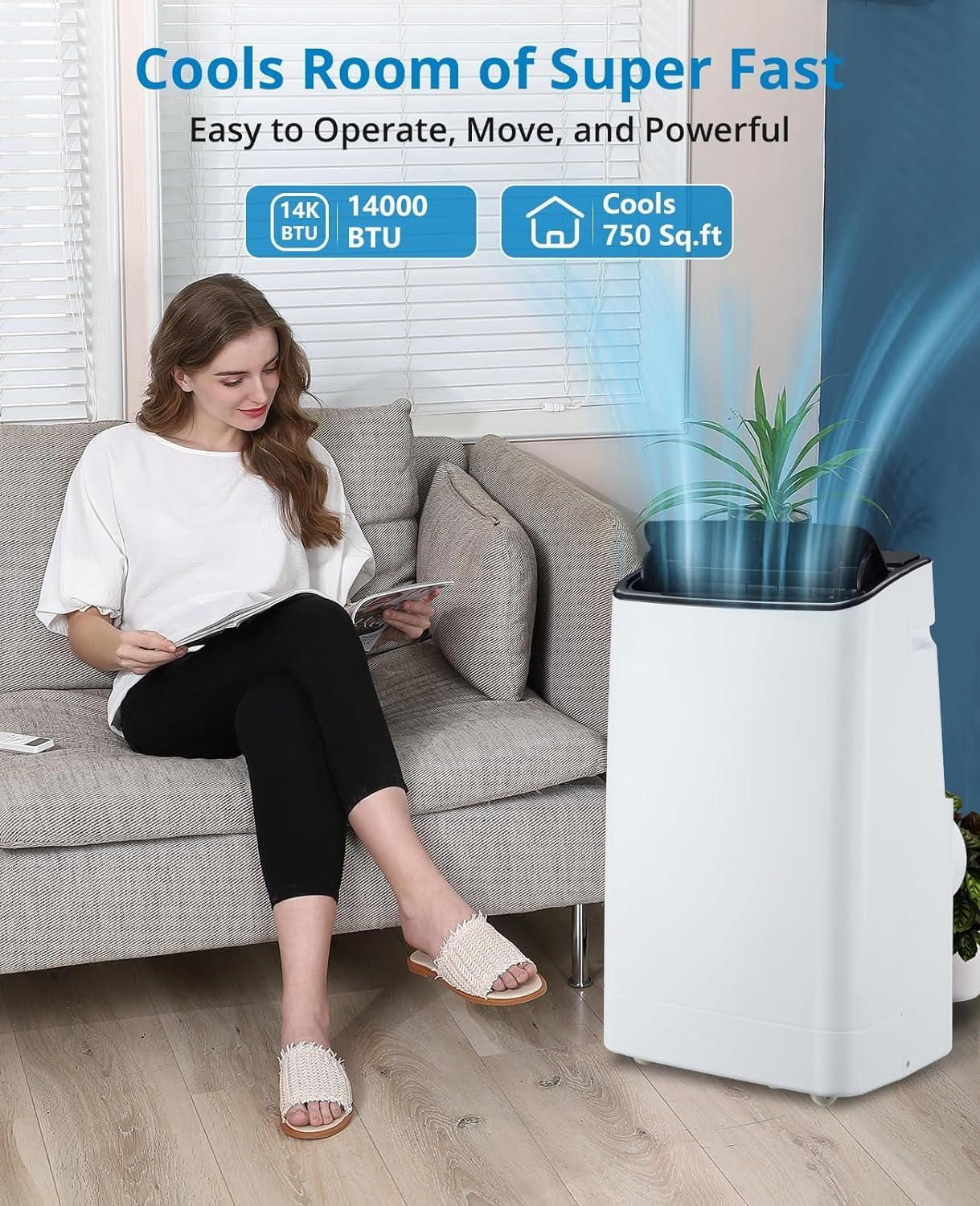 14,000 BTU Inverter Air Conditioner for Rooms up to 750 Sq. Ft, 3-in-1 Portable AC Unit, Cooler, Dehumidifier & Fan, Sleep Mode 53dB, with Window Kit & Remote Control