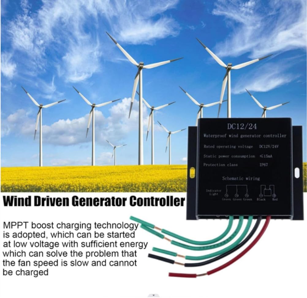2000W Waterproof Wind Turbine Charge Controller Low Wind Speed DC 12V/24V 48V Wind Generator Battery Charge Controller for Wind Turbine and The Battery,Black,24V
