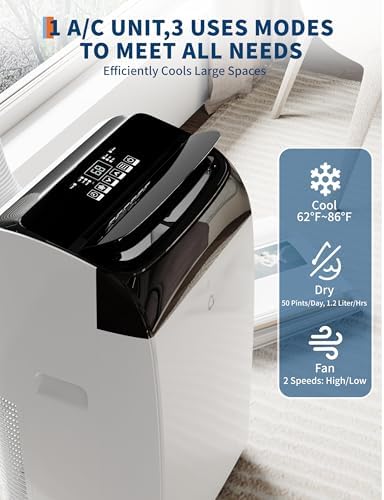 12,000 BTU Portable Air Conditioners, Portable AC Units for Rooms with Dehumidifier and Fan, Room Air Conditioner Cools Up To 550 Sq.Ft., Quiet Operation, Remote Control, Black Cover