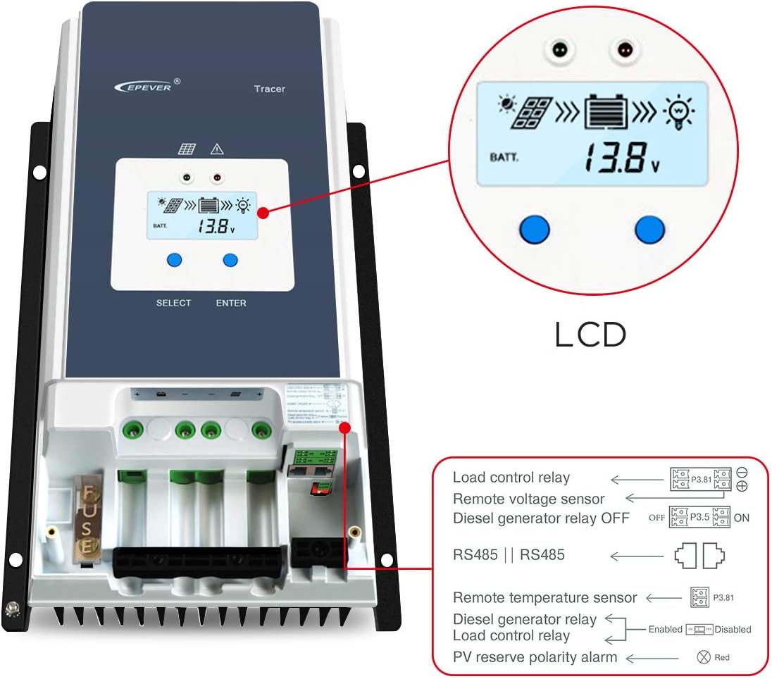 EPEVER 80A MPPT Solar Charge Controller 12V/24V/36V/48V DC Automatically Identifying System Voltage Max.PV 150V Solar Panel Regulator (Tracer 8415 an)