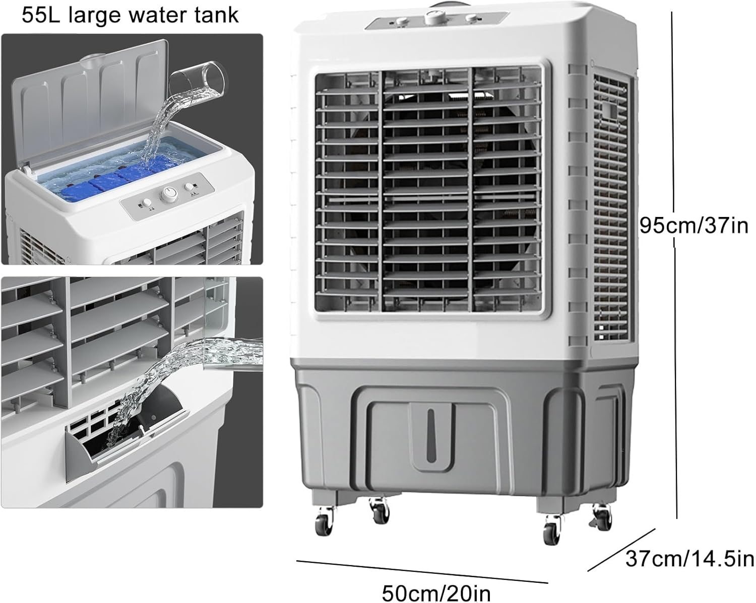 Air Coolers for Home 3 in 1 Portable Air Conditioner with 3 Speed, Evaportive Air Cooler, Humidifier, Ventilator, 120° Oscillation(Size:95cm/55L)