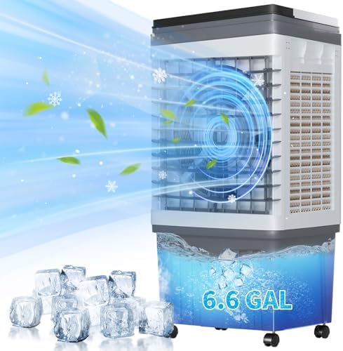 110V Evaporative Air Cooler with 6.6 Gal Water Tank, 3 IN 1 Portable Air Conditioners with Remote, Portable Air Cooler with Water Level Alarm, 3 Speeds, 7.5H Timer, Ideal for Indoor, Outdoor