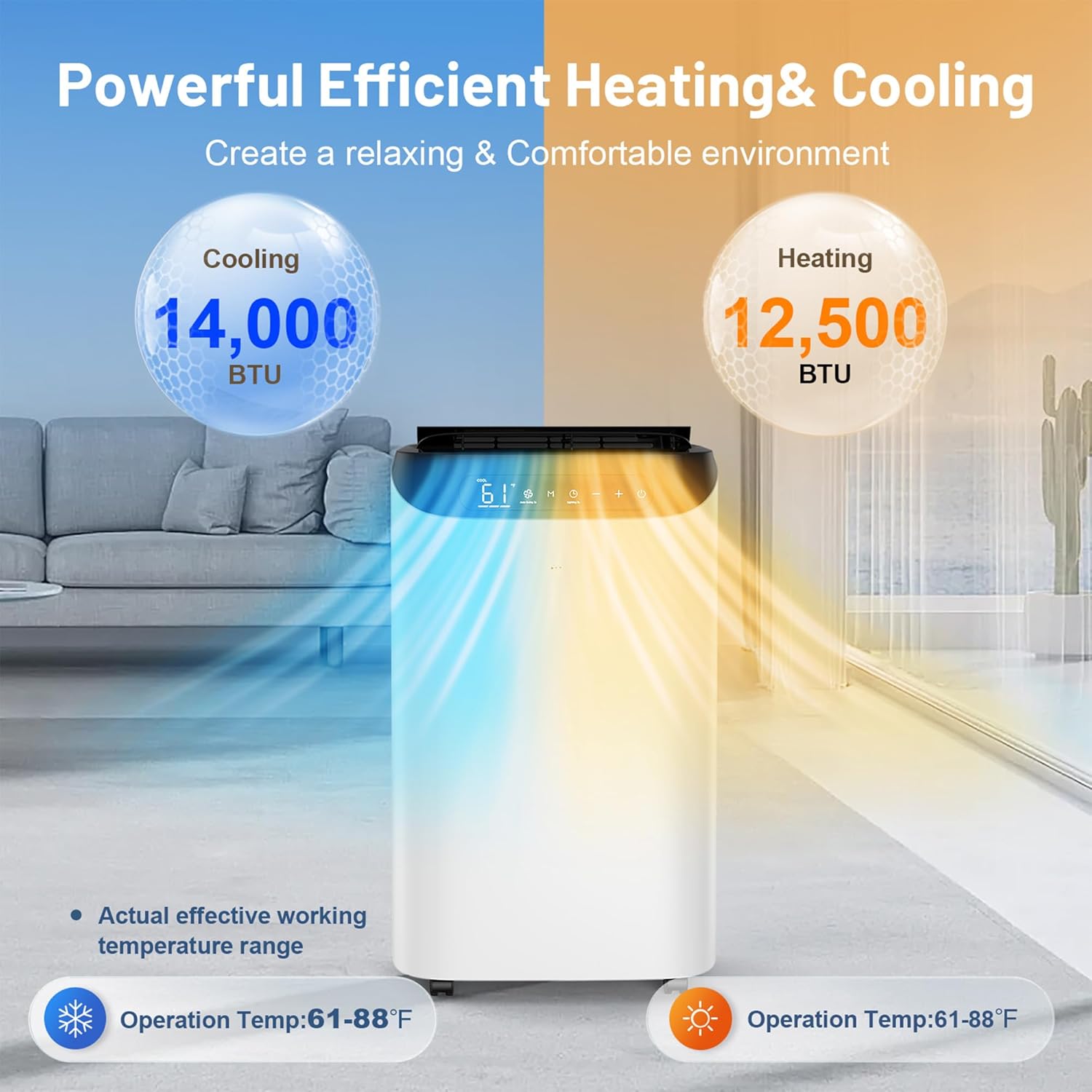 14000 BTU Portable Air Conditioner and Heater for Room up 700 Sq. Ft.,4-IN-1 Quiet Portable Ac Unit with Heater Dehumidifier Fan Function, Remote Control, Sleep Mode, 24H Timer (Black)