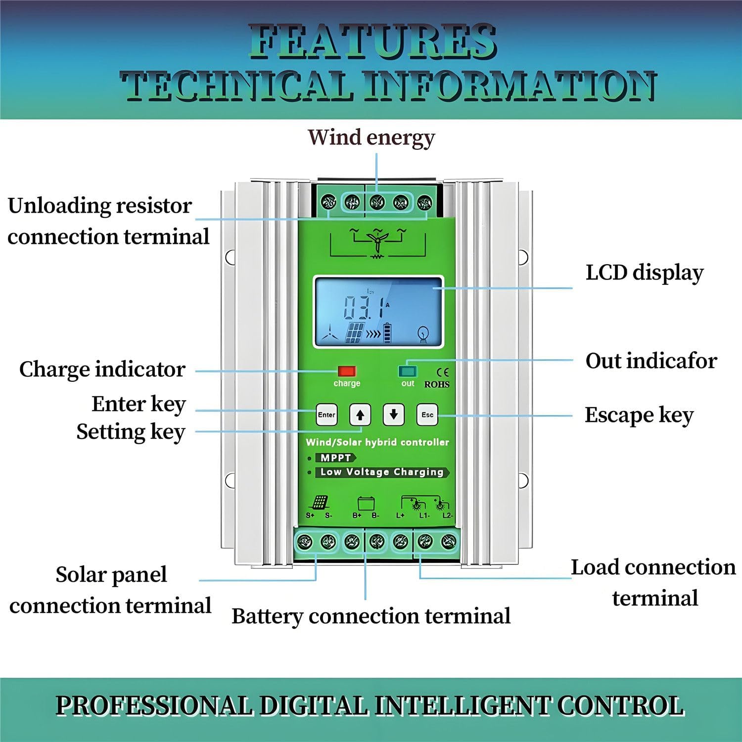 16000W Turbine Generator Controller,Wind Solar Hybrid Charge Controller,with Dump Load,MPPT Boost Charge Regulator,with LCD Display,for Home,Boat,Street Light 48V