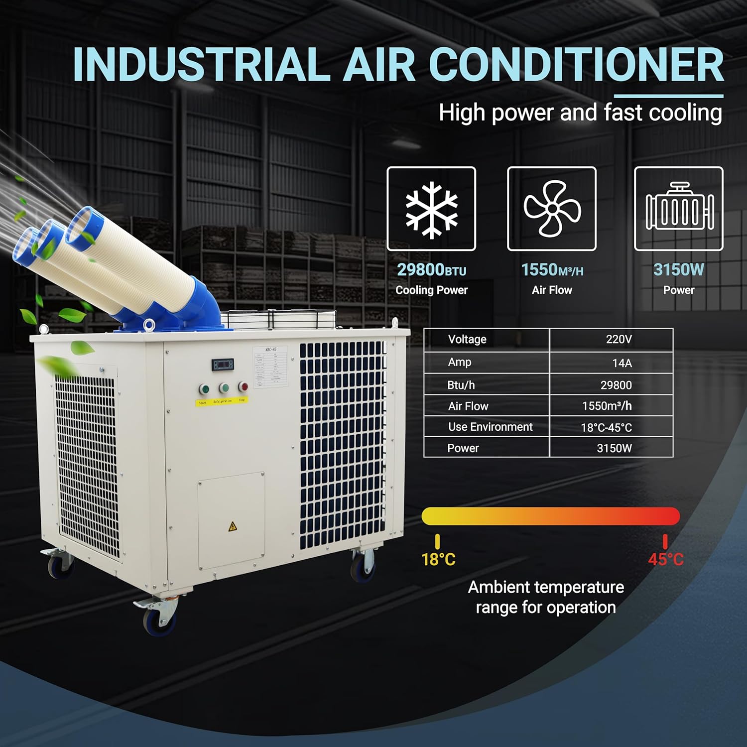 29800BTU/H Industrial Air Conditioner Portable Air Conditioner Portable Mobile Spot Cooler Industrial Grade Three-Duct 3.15KW 220V