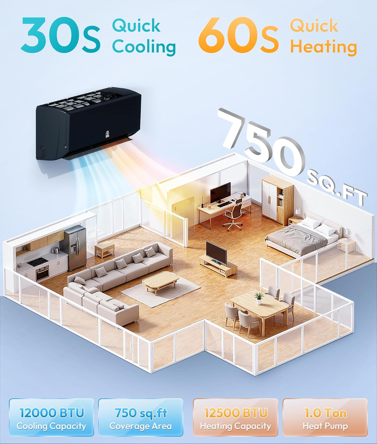 18000 BTU Mini Split Ac/Heating System, 20 SEER2 230V Air Conditioner Inverter Heating and Cooling, Ac Split Units Cools Up to 1250sq.ft, 24H Timer, Black
