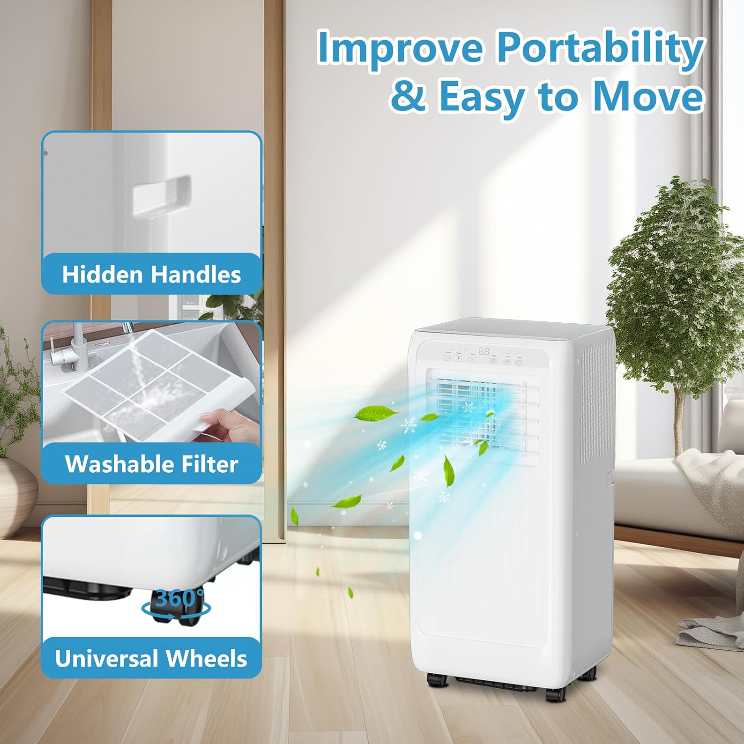 8000 Btu Portable Ac Units with Remote Control, Wheels, LED, Portable Air Conditioners for Rooms Up to 350 Sq Ft, Cool,Dehumidifier & Fan 3 Modes Air Conditioner, for Rooms/Office, White