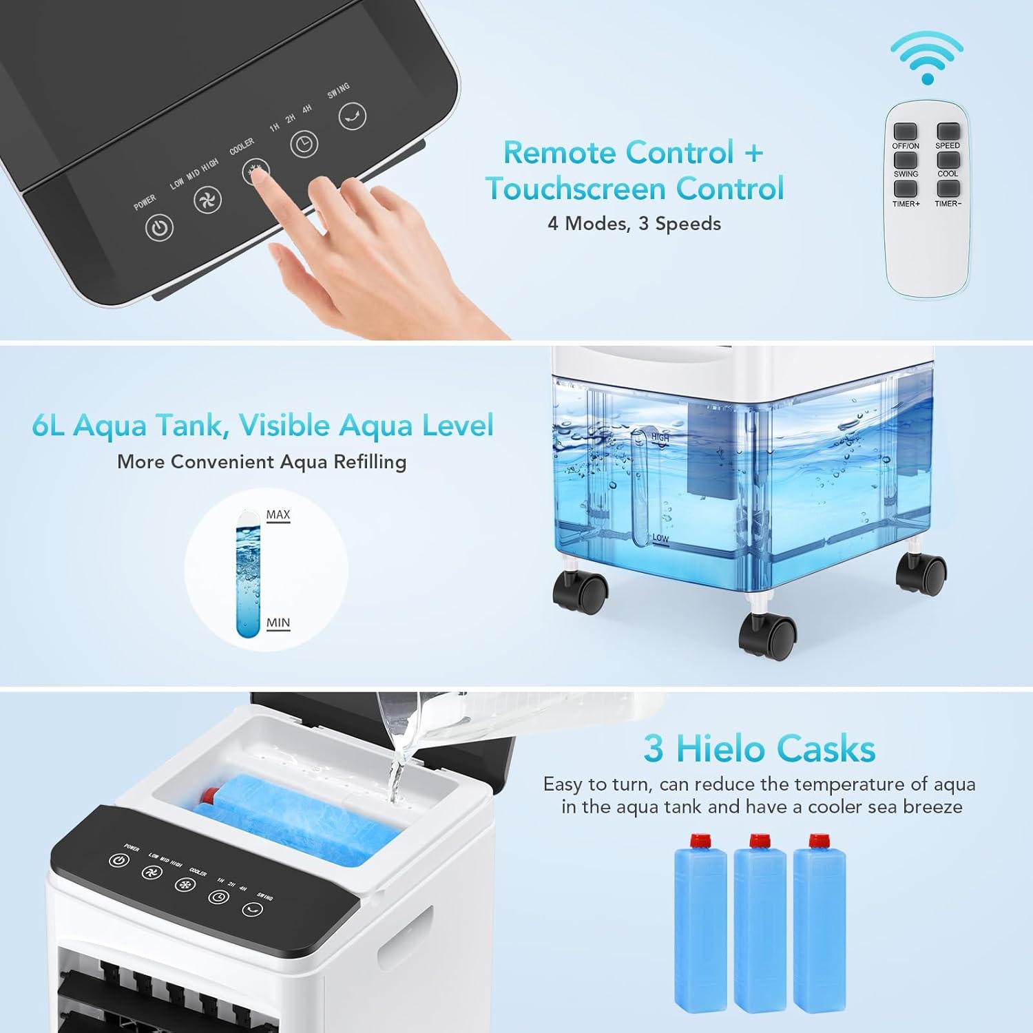 Portable Air Conditioners, 3-IN-1 Evaporative Air Cooler, 2.5 Gal Fast Cooling Portable AC Unit w/Remote & Timer, 3 Speed Quiet Swamp Cooler, Windowless Air Conditioner Fan for Room Office (White)