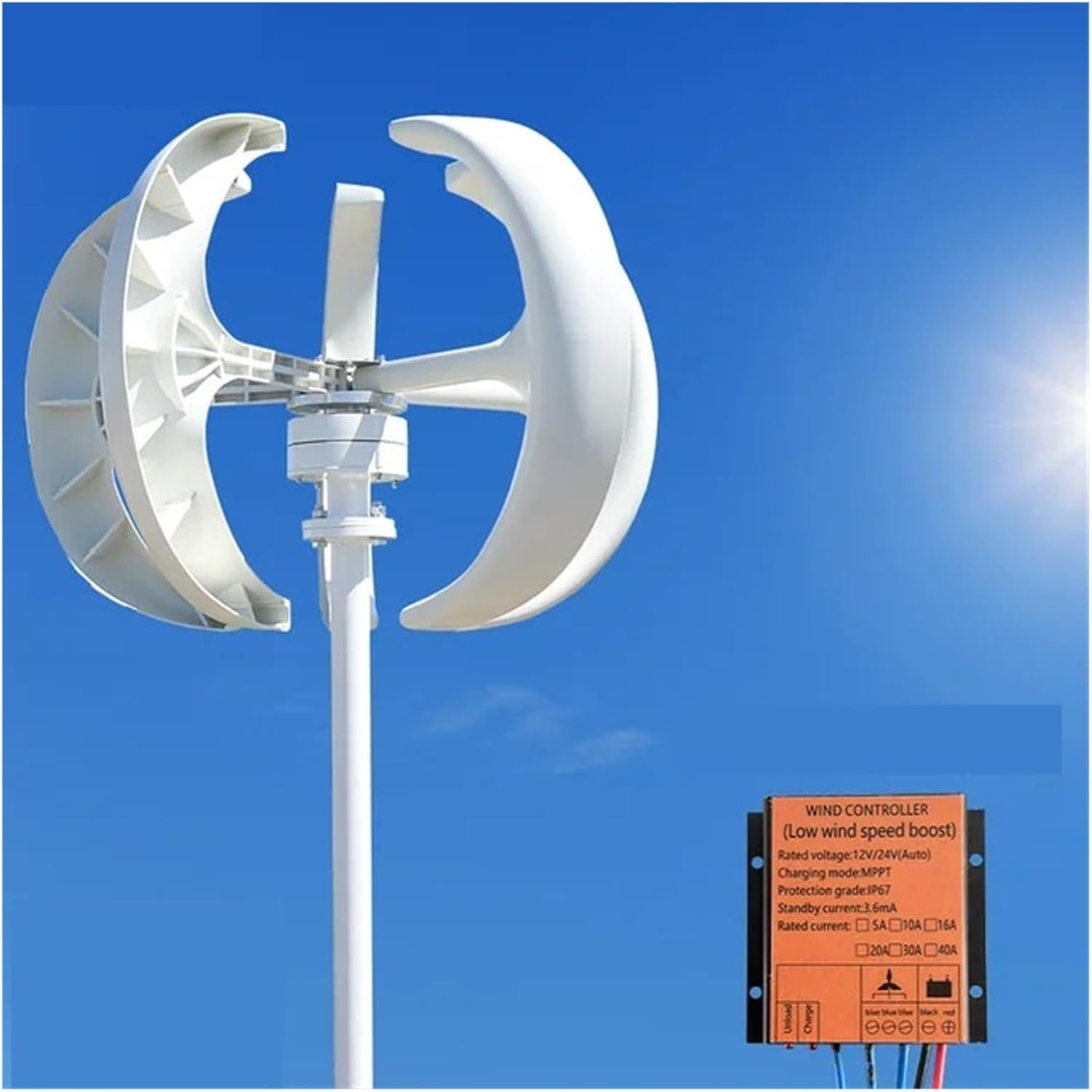 5000W Wind Turbine Generator Vertical Axis Wind Turbine Generator Low Noise Low Start Wind Speed 12V 24V 48V Windmill with MPPT Charger Industrial Energy(White,with MPPT Charger_24V)