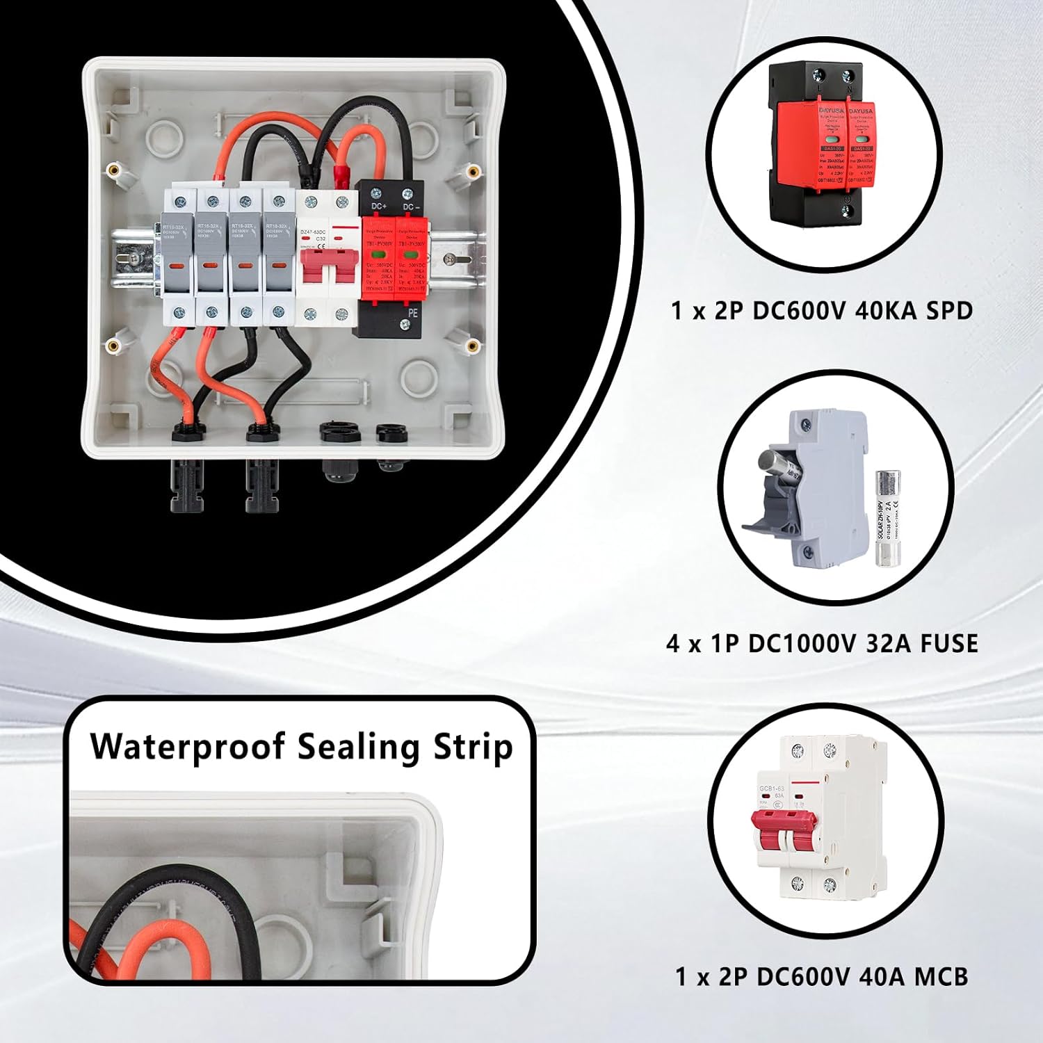 DC600V Solar Combiner Box IP65 2-In-1-Out 40A Circuit Breaker with Surge Protector& Fuse PV Combiner Box IP65 Waterproof Enclosure,MCB,SPD for Solar Panel Systems