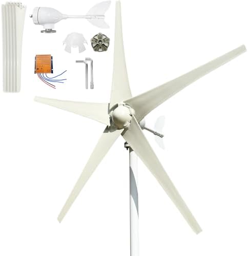 800W-1200W 5-Blade Wind Turbine Generator, 12V/24V/48V Horizontal Axis Wind Power System with MPPT Controller, Automatic Wind Direction Adjustment for Outdoor Use